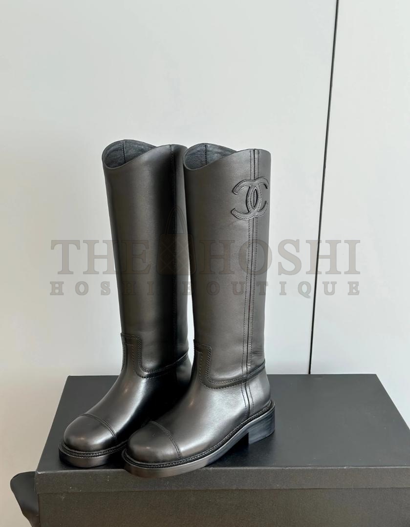 Ch**el CC 2024SS Riding Knee High Boots Calfskin Leather Women Black 35-40 Master Quality