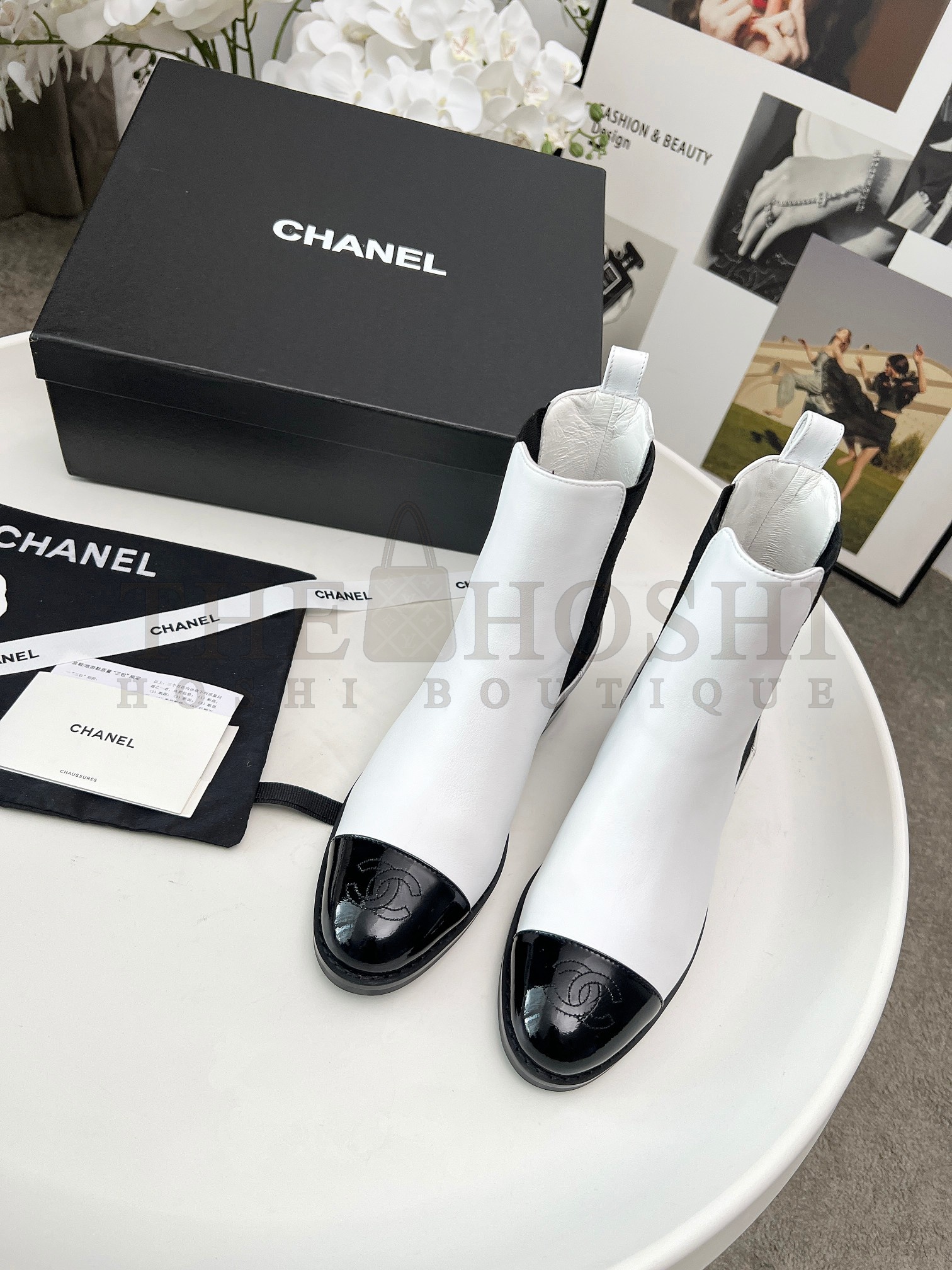 Ch**el 2025 Two-Tone Calfskin Leather Ankle Boots Beige Black 4cm Heel Master Quality