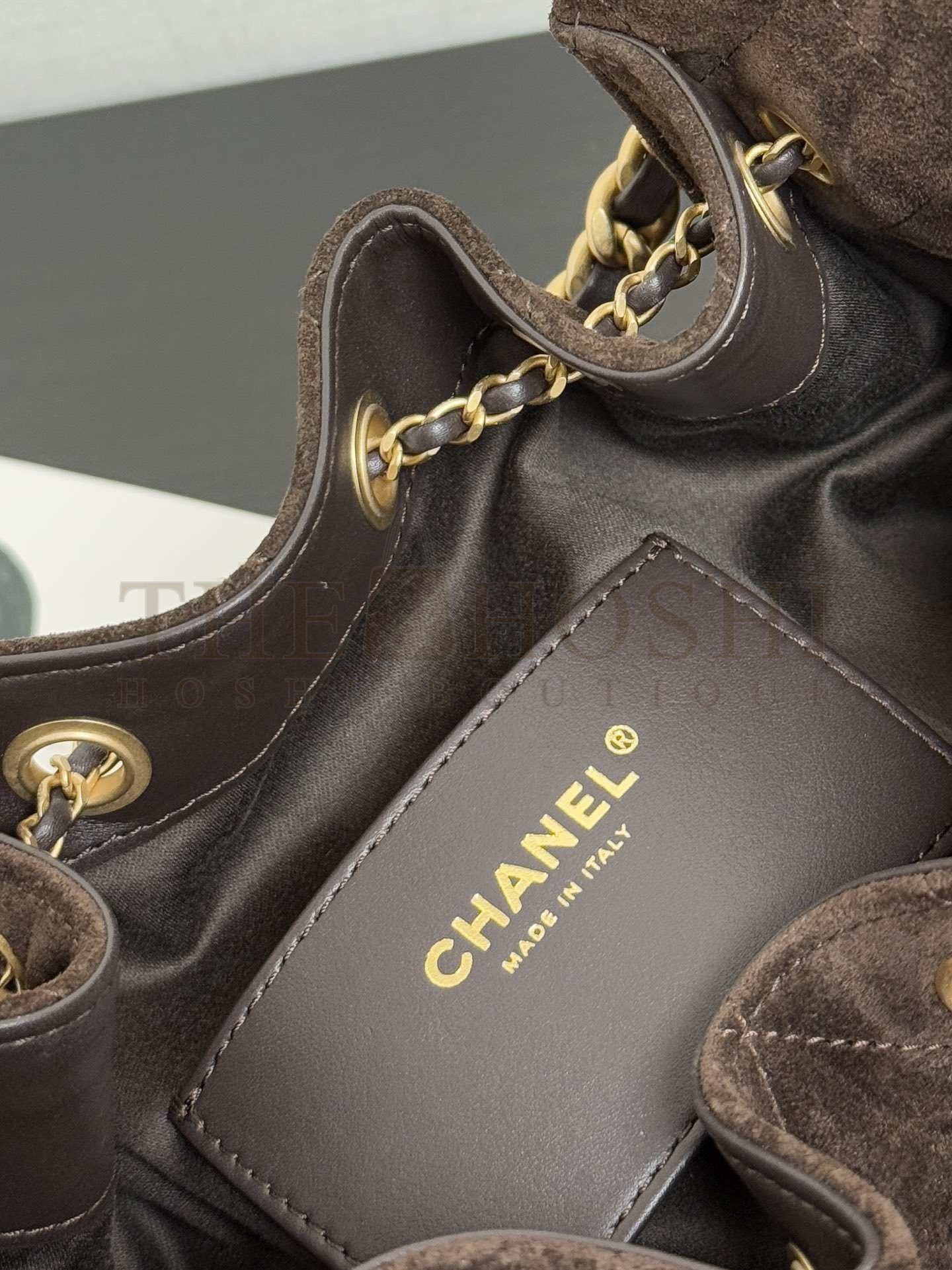 Ch**el 25C AS5631 Hobo Drawstring Bag Dark Brown Sude Leather with Gold Chain 30*26*14CM Master Quality