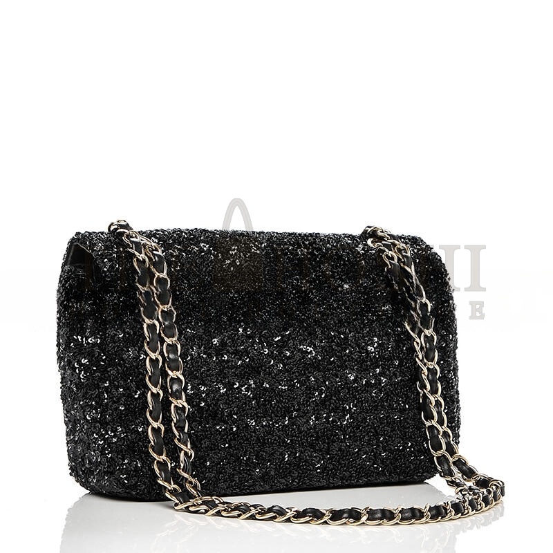 Ch**el SEQUIN EMBROIDERED MEDIUM FLAP BAG BLACK 189545 (25*16*6cm) Master Quality