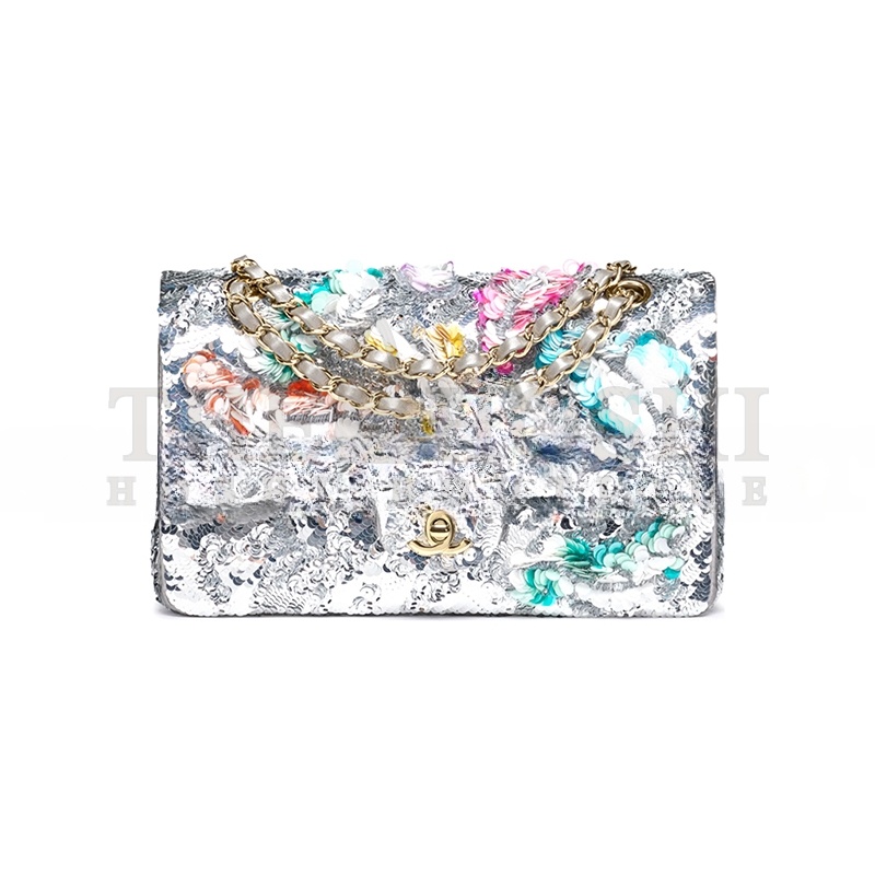 Ch**el CLASSIC 11.12 HANDBAG EMBROIDERED SATIN, SEQUINS, GLASS PEARLS A01112 (25.5*15.5*6.5cm) Master Quality