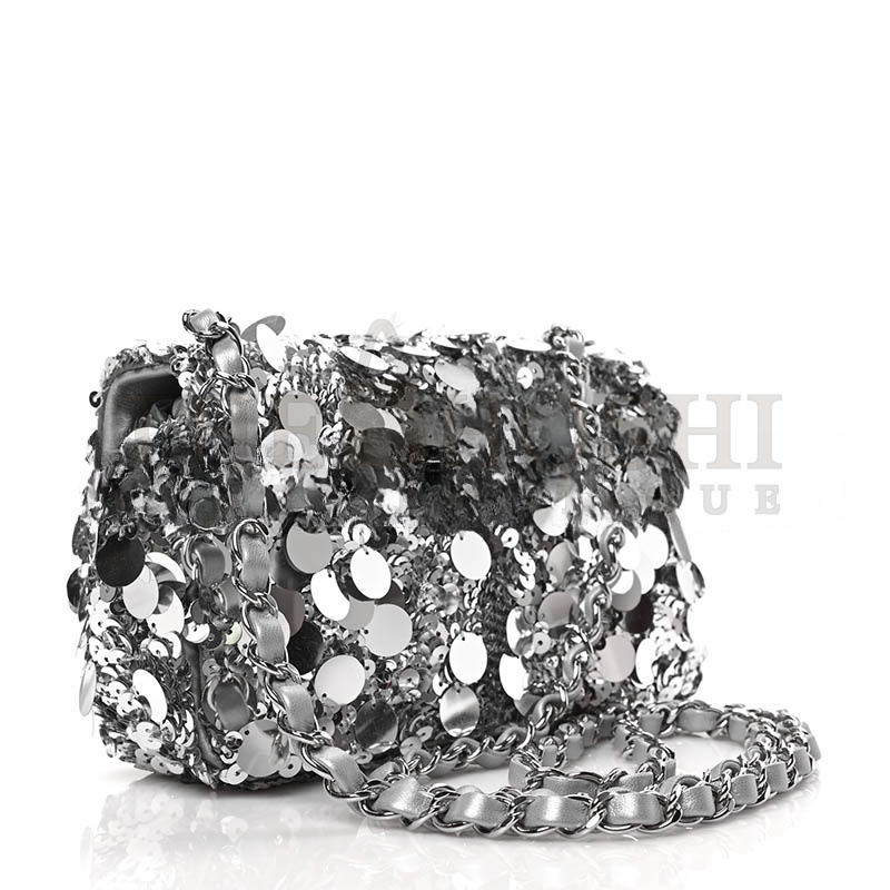 Ch**el SEQUIN MINI RECTANGULAR FLAP SILVER  (20*13*6cm) Master Quality