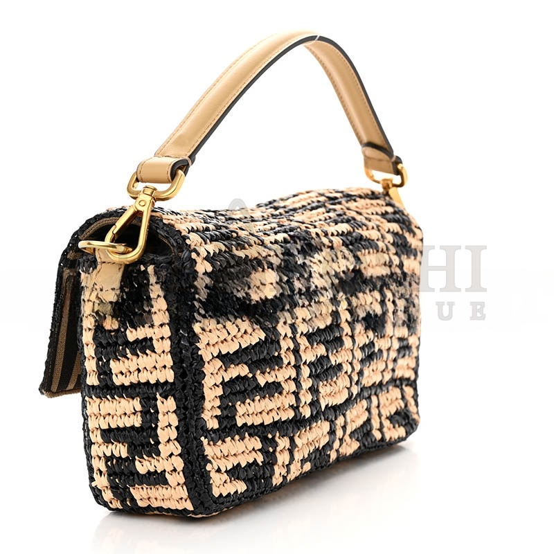 F**di RAFFIA VITELLO GRACE FF CROCHET BAGUETTE NATURAL BLACK PAGLIA (27*15*6cm) Master Quality