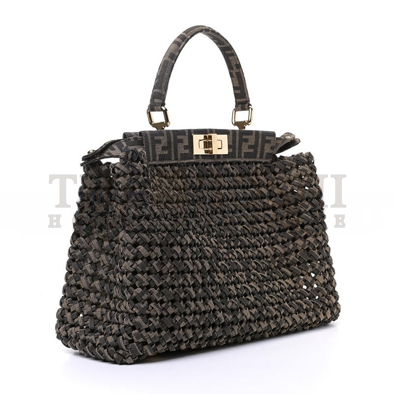 F**di FABRIC JACQUARD FF 1974 WOVEN KNOTTED MEDIUM PEEKABOO ICONIC SATCHEL TOBACCO MORO (34*25*13cm) Master Quality