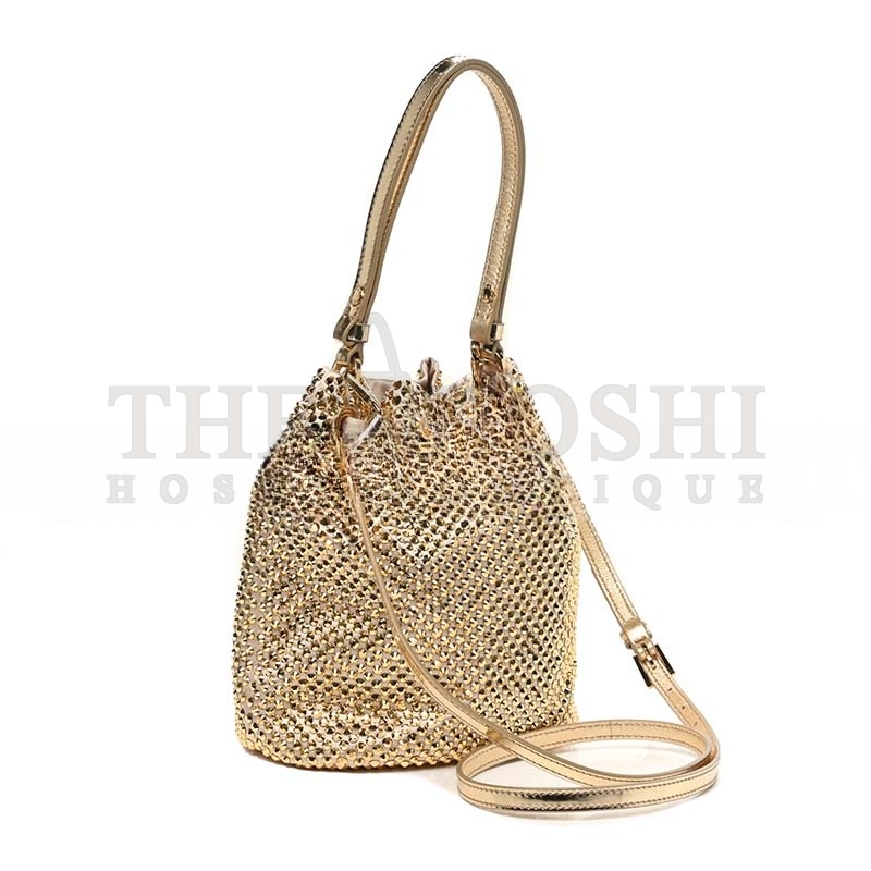 Pra*a MINI CRYSTAL-EMBELLISHED SATIN BUCKET BAG IN GOLD 1BE067 (19.5*15.5*10cm) Master Quality