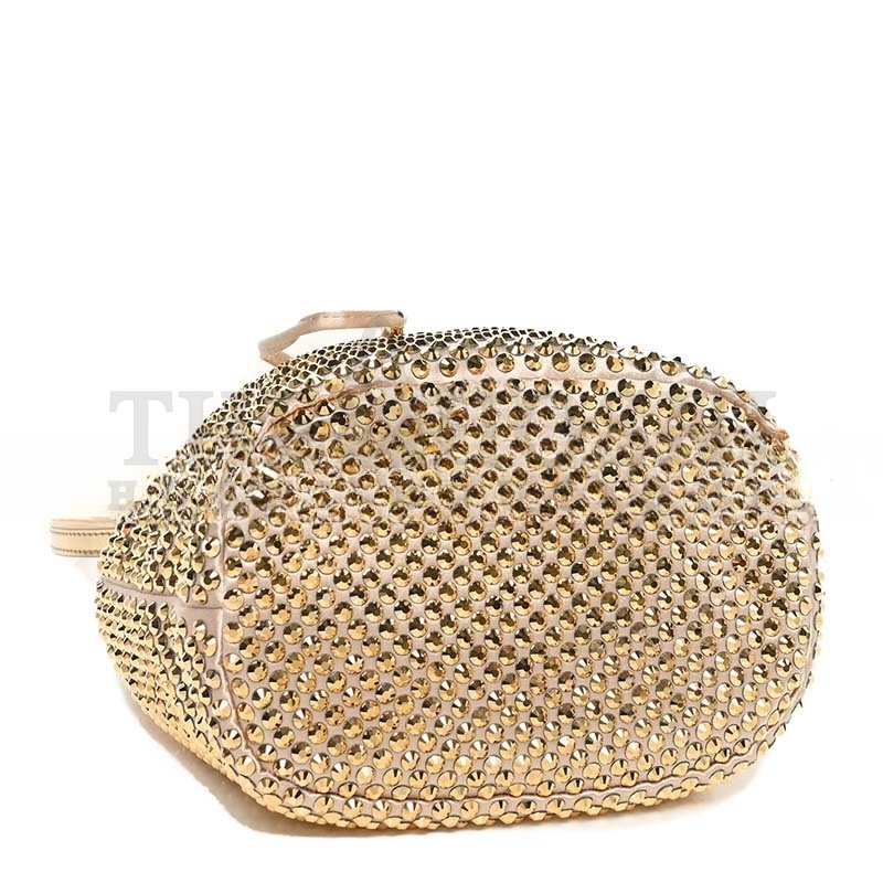 Pra*a MINI CRYSTAL-EMBELLISHED SATIN BUCKET BAG IN GOLD 1BE067 (19.5*15.5*10cm) Master Quality
